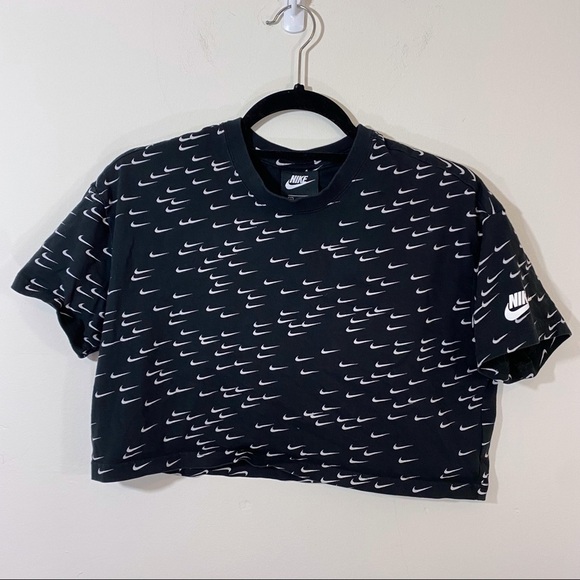 Nike Allover Swoosh Crop Top Tee T-Shirt Essential Short Sleeve Logo Print Med - Picture 2 of 7